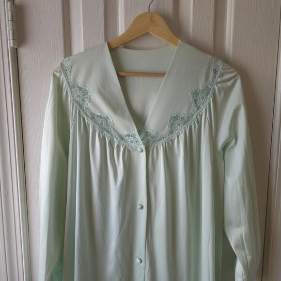 Shadowline Vintage Full Robe Mint Green Lace Trim Floral Size Large Long Sleeve - Picture 1 of 9
